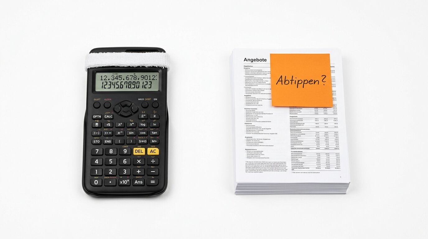 Wissenschaftlicher Taschenrechner neben einem Angebotsdokument mit orange Notizzettel "Abtippen?"