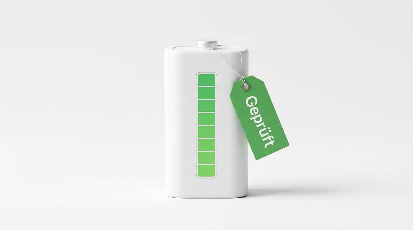 Weiße Batterie mit grüner Ladestandanzeige und grünem Anhänger mit Aufschrift „Geprüft“ auf weißem Hintergrund