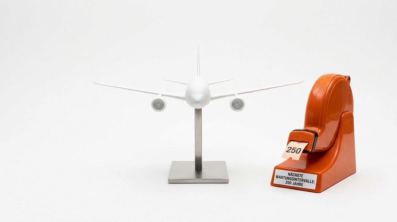 Weißes Flugzeugmodell und ein oranger Etikettenspender auf weißem Hintergrund
