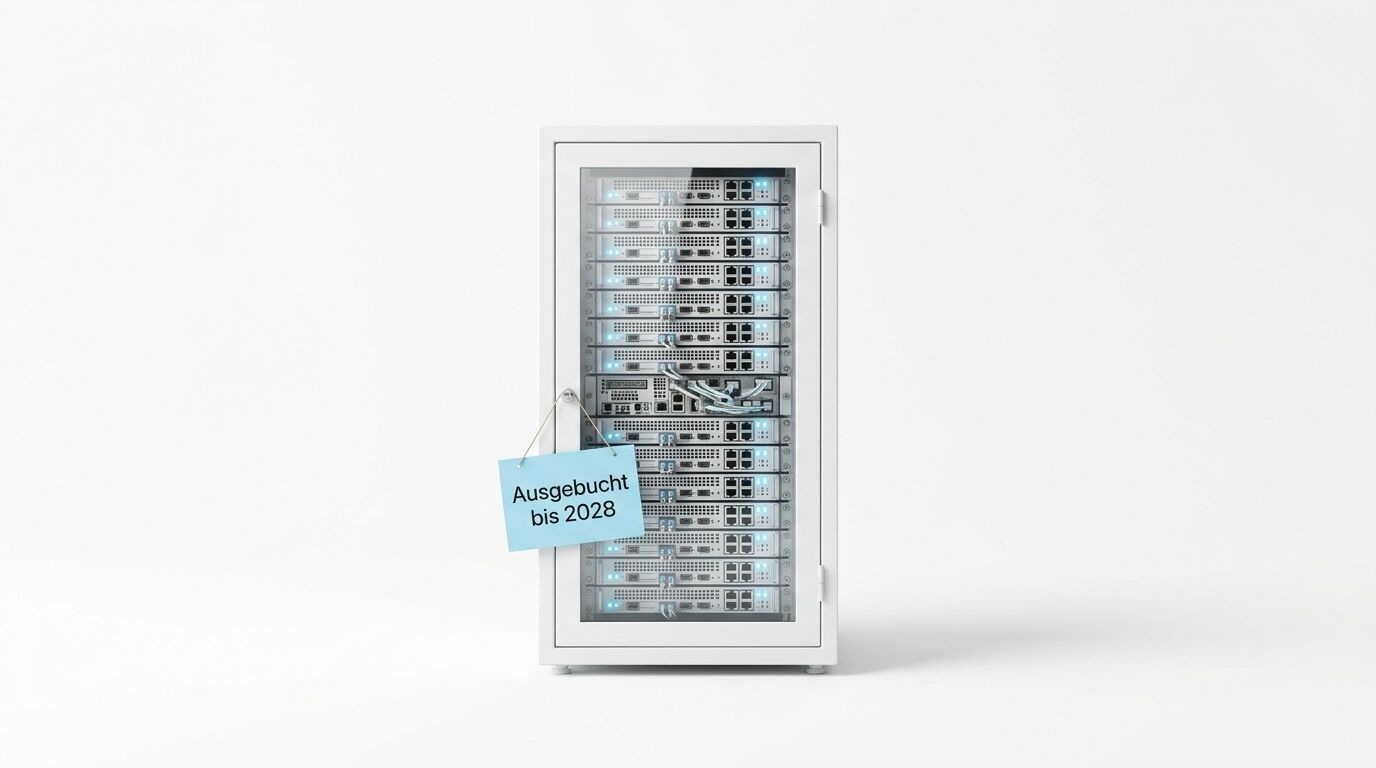 Server-Rack mit Schild „Ausgebucht bis 2028“ auf weißem Hintergrund