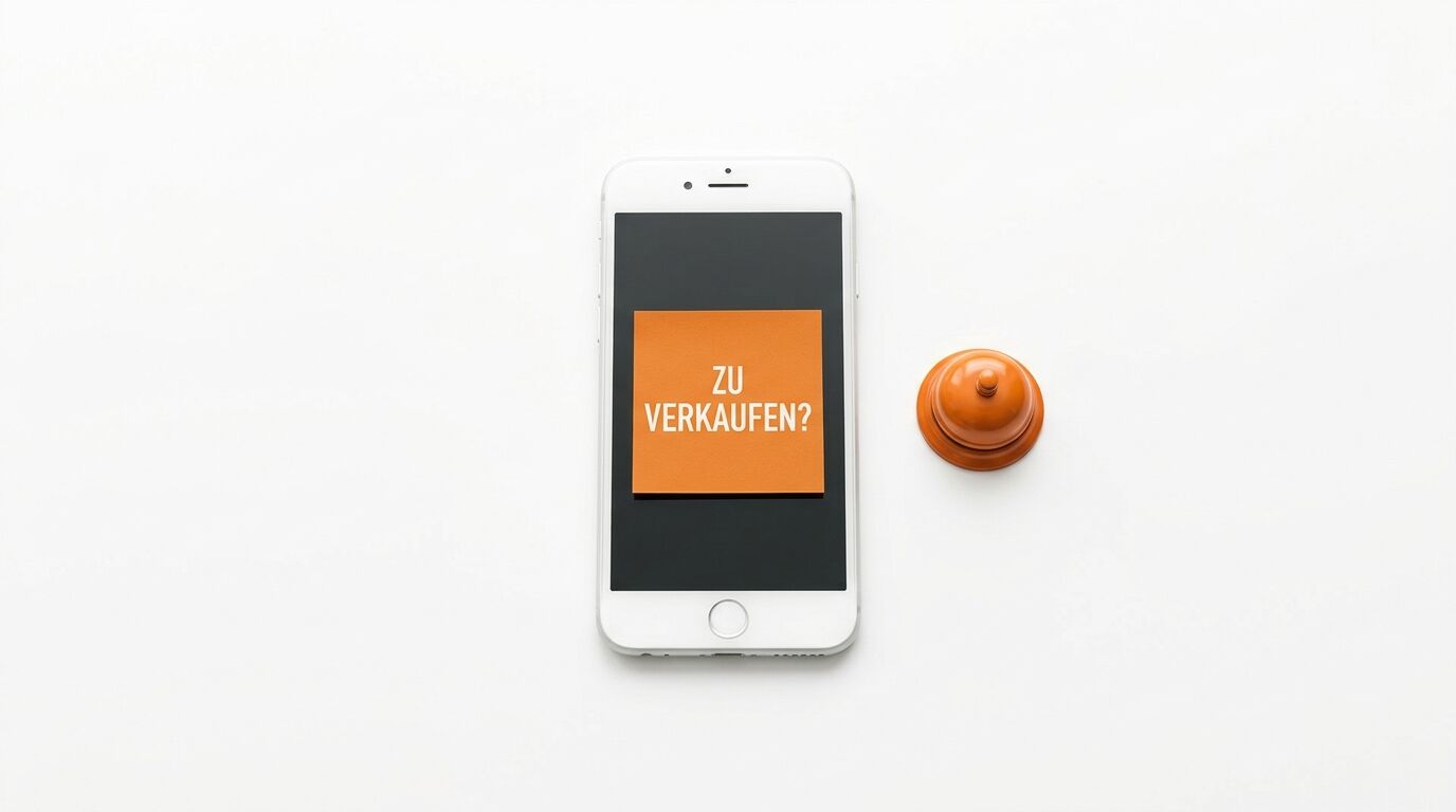 Smartphone mit Notizzettel „ZU VERKAUFEN?“ und Hotelglocke