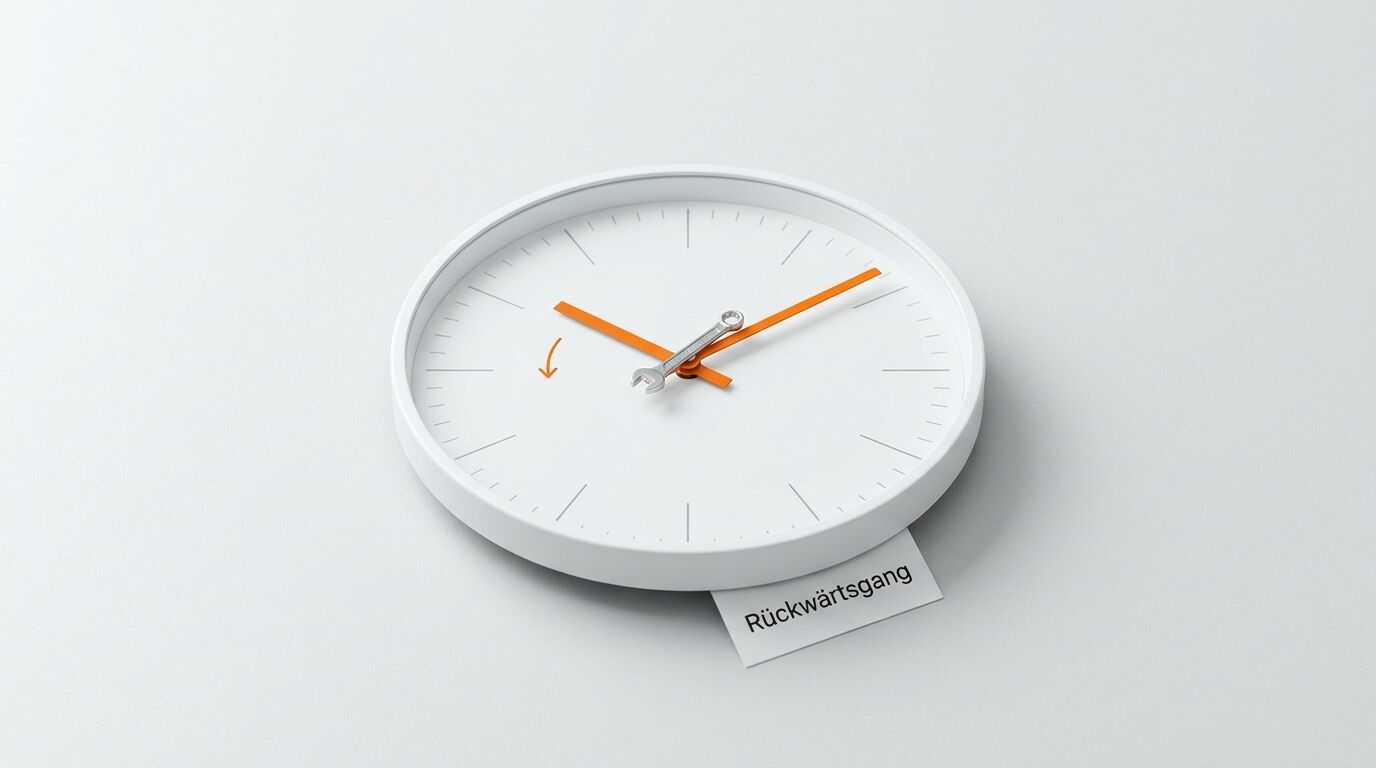 Uhr mit Schraubenschlüssel als Zeiger, Linkspfeil und Schild „Rückwärtsgang“ auf weißem Grund