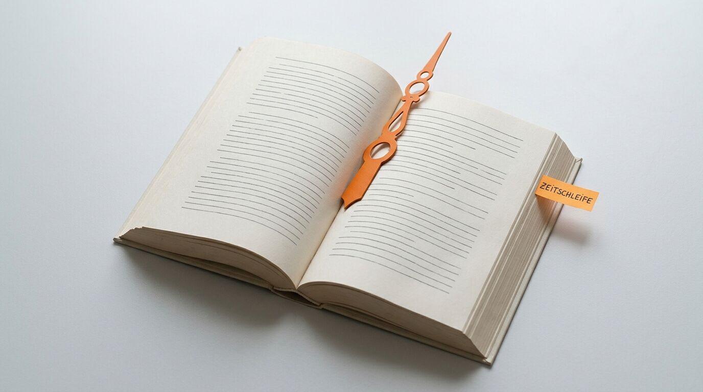 Aufgeschlagenes Buch mit einem Uhrzeiger und einem Lesezeichen mit der Aufschrift „ZEITSCHLEIFE“