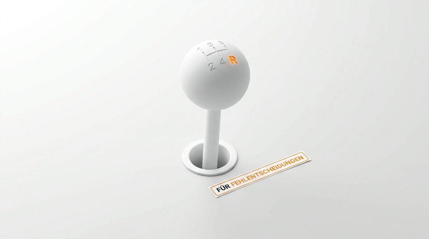 Weißer Schalthebel mit orangem R, daneben Schild: FÜR FEHLENTSCHEIDUNGEN