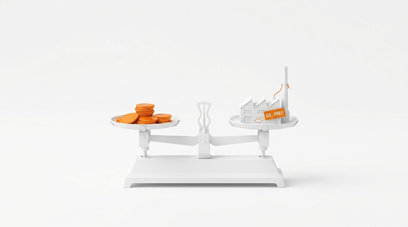 Weiße Balkenwaage, die Geldmünzen gegen eine weiße Fabrik mit orangefarbenem „CO2-FREI!“-Schild wiegt