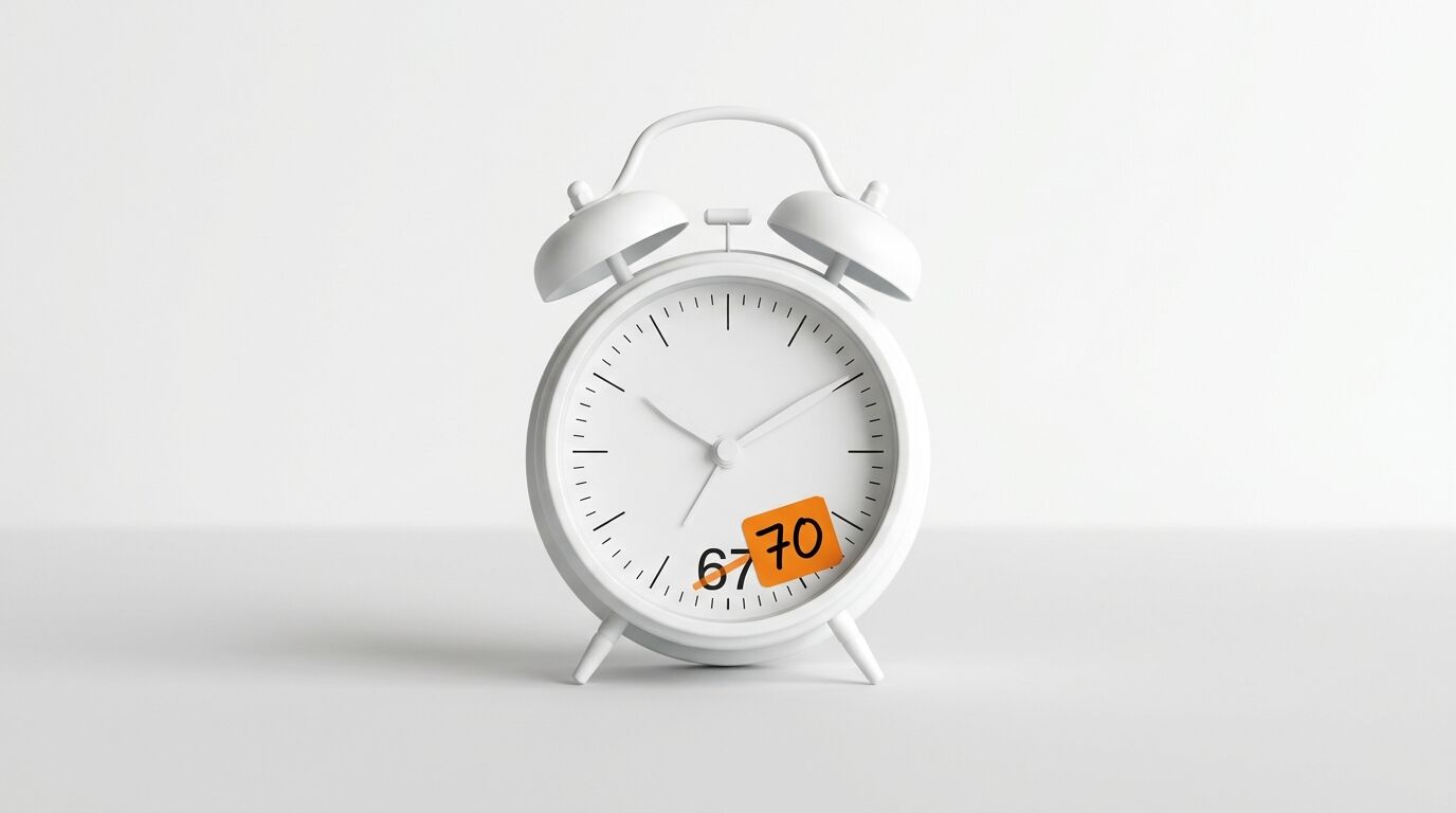 Ein weißer Wecker mit durchgestrichener 67 und orangem Zettel mit der Zahl 70