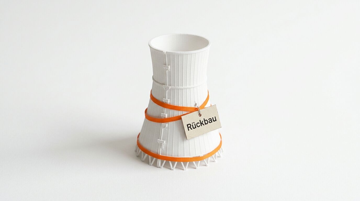 Kühlturm-Modell mit orangefarbenen Bändern und dem Schild „Rückbau“