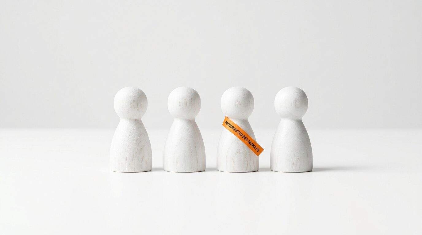 Vier Holzfiguren, eine mit orangefarbenem Band „MITARBEITER DES MONATS“, vor weißem Hintergrund