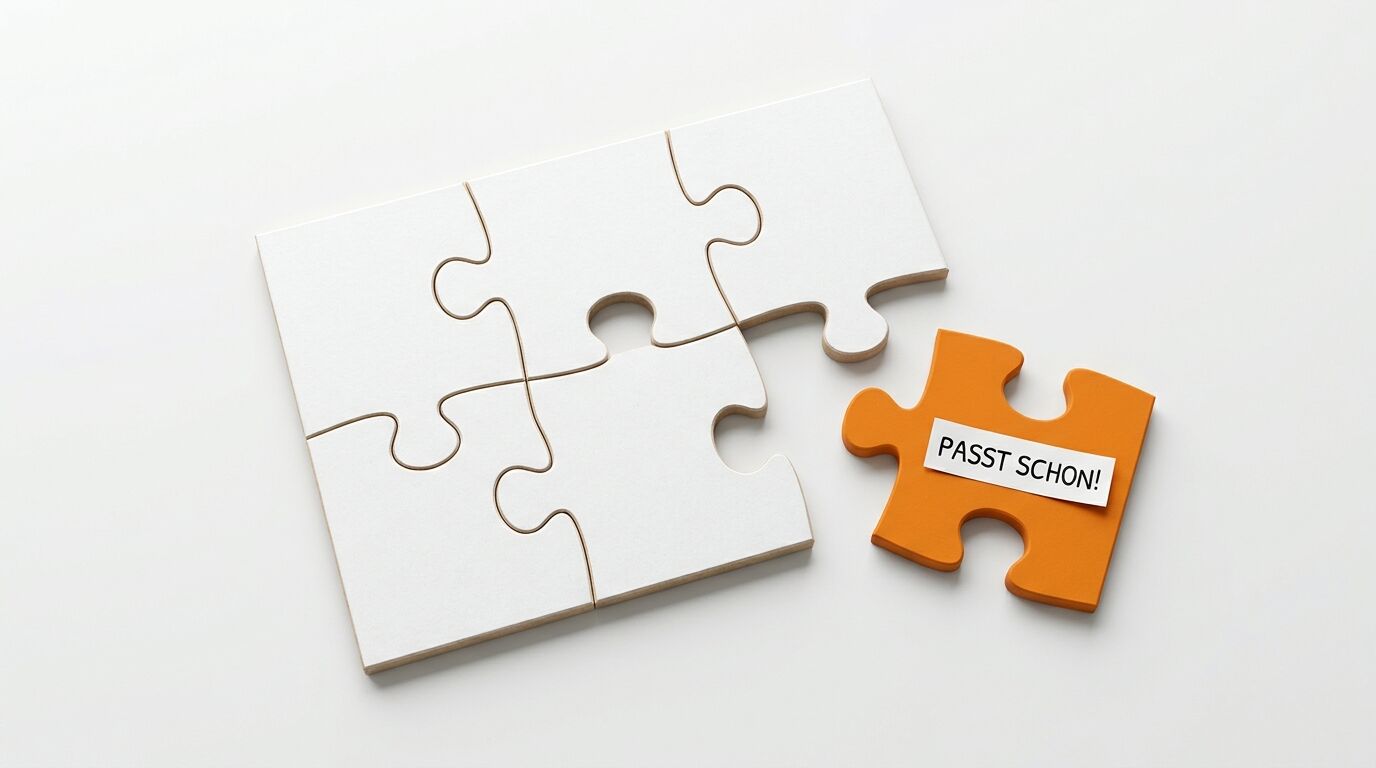 Weißes Puzzle mit vier Teilen und ein separates oranges Teil mit der Aufschrift „PASST SCHON!“
