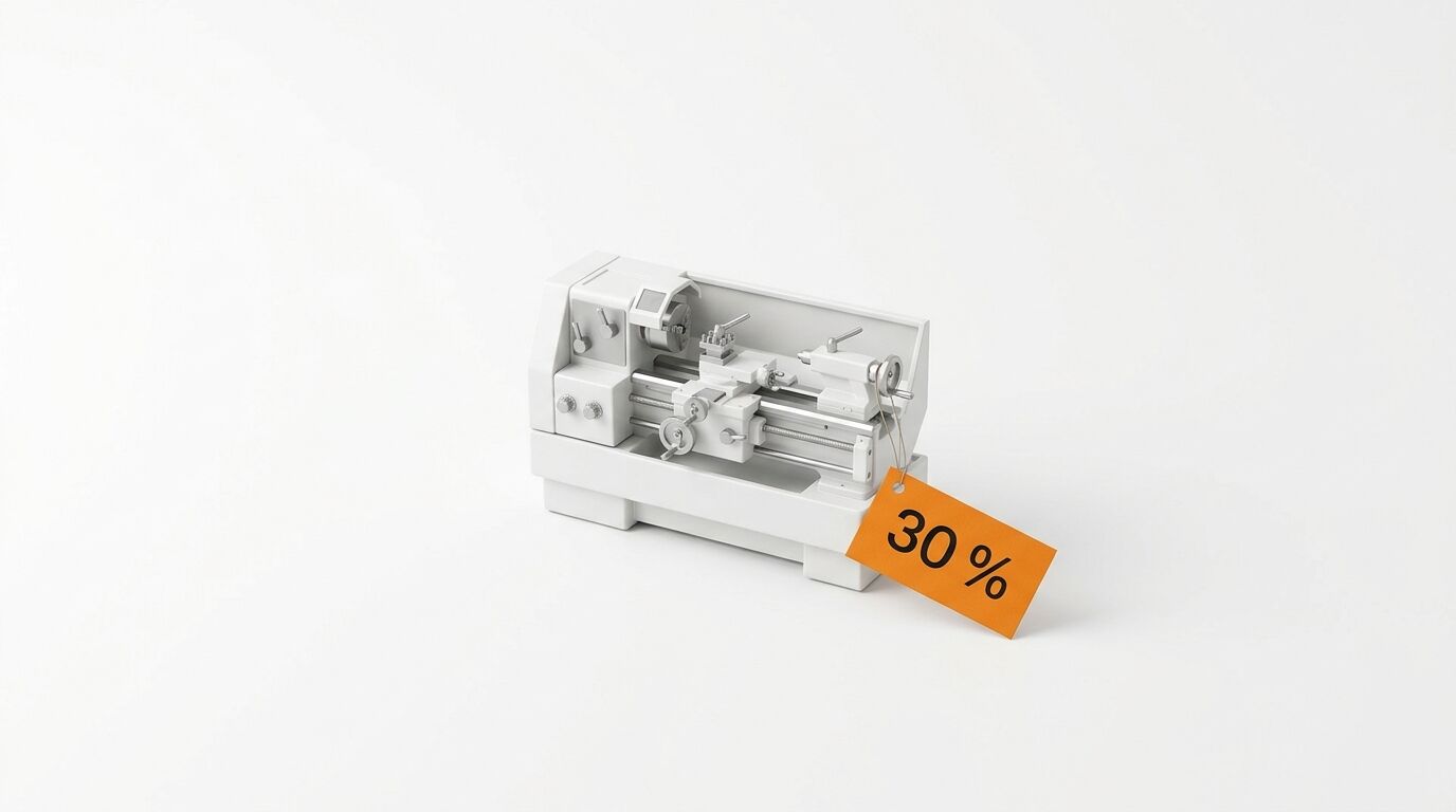Eine weiße Drehbank vor weißem Hintergrund mit einem orangefarbenen 30%-Anhänger