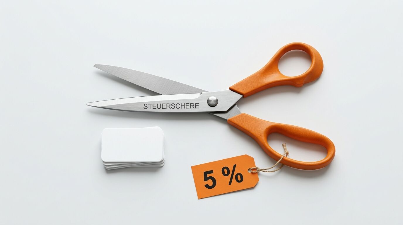 Schere mit orangefarbenen Griffen und Gravur, Stapel weißer Kärtchen und Preisschild mit 5 %