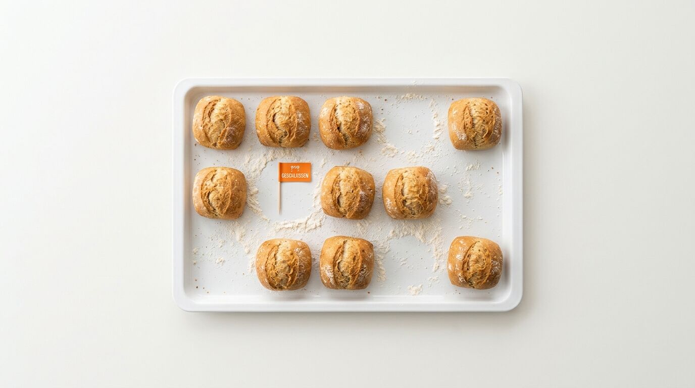 Elf Brötchen und ein „GESCHLOSSEN“-Fähnchen auf Backblech