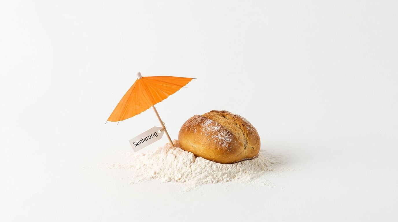 Ein Brötchen und ein Schirm mit einem Etikett „Sanierung“ liegen im Mehl auf einem weißen Hintergrund