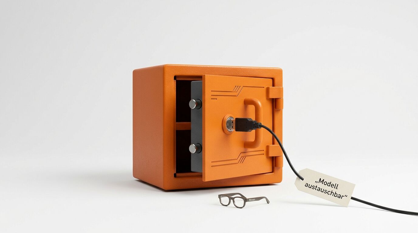 Offener oranger Safe, Brille davor, USB-Kabel angeschlossen, Etikett „Modell austauschbar“