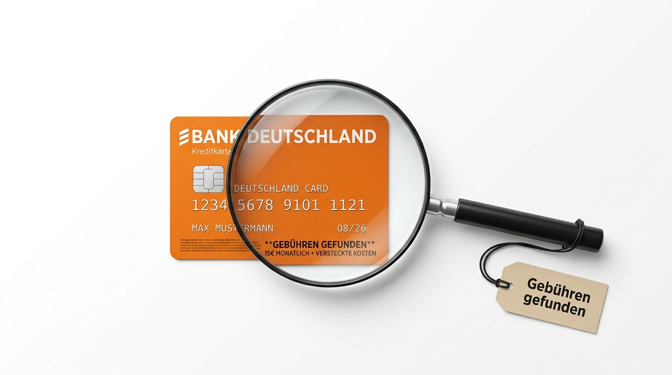 Kreditkarte von Bank Deutschland unter Lupe mit Etikett "Gebühren gefunden"