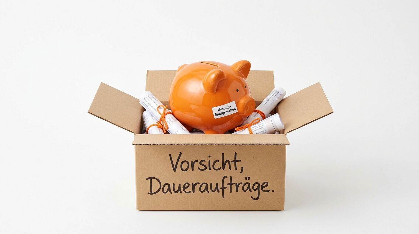 Offene Kartonbox mit orange Sparschwein und weißen Röllchen, beschriftet "Vorsicht, Daueraufträge"