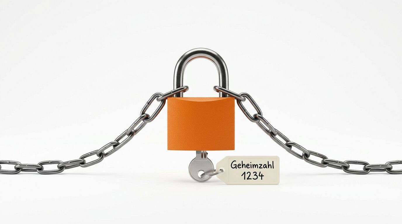 Vorhängeschloss mit orangener Abdeckung und Kette, Schlüssel mit Etikett "Geheimzahl 1234"