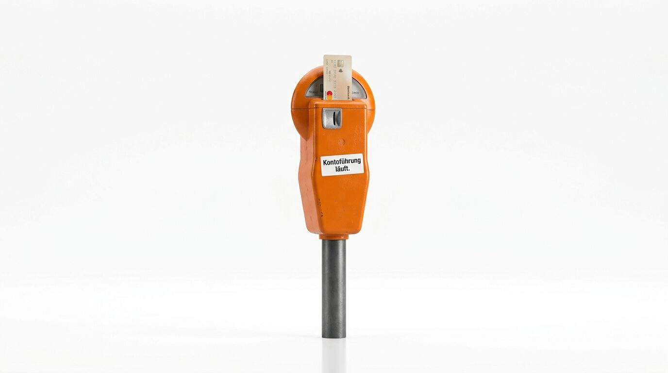 Orange Parkuhr mit Münzeinwurf, Kontoführung-Aufkleber und grauem Metallstab auf weißem Hintergrund