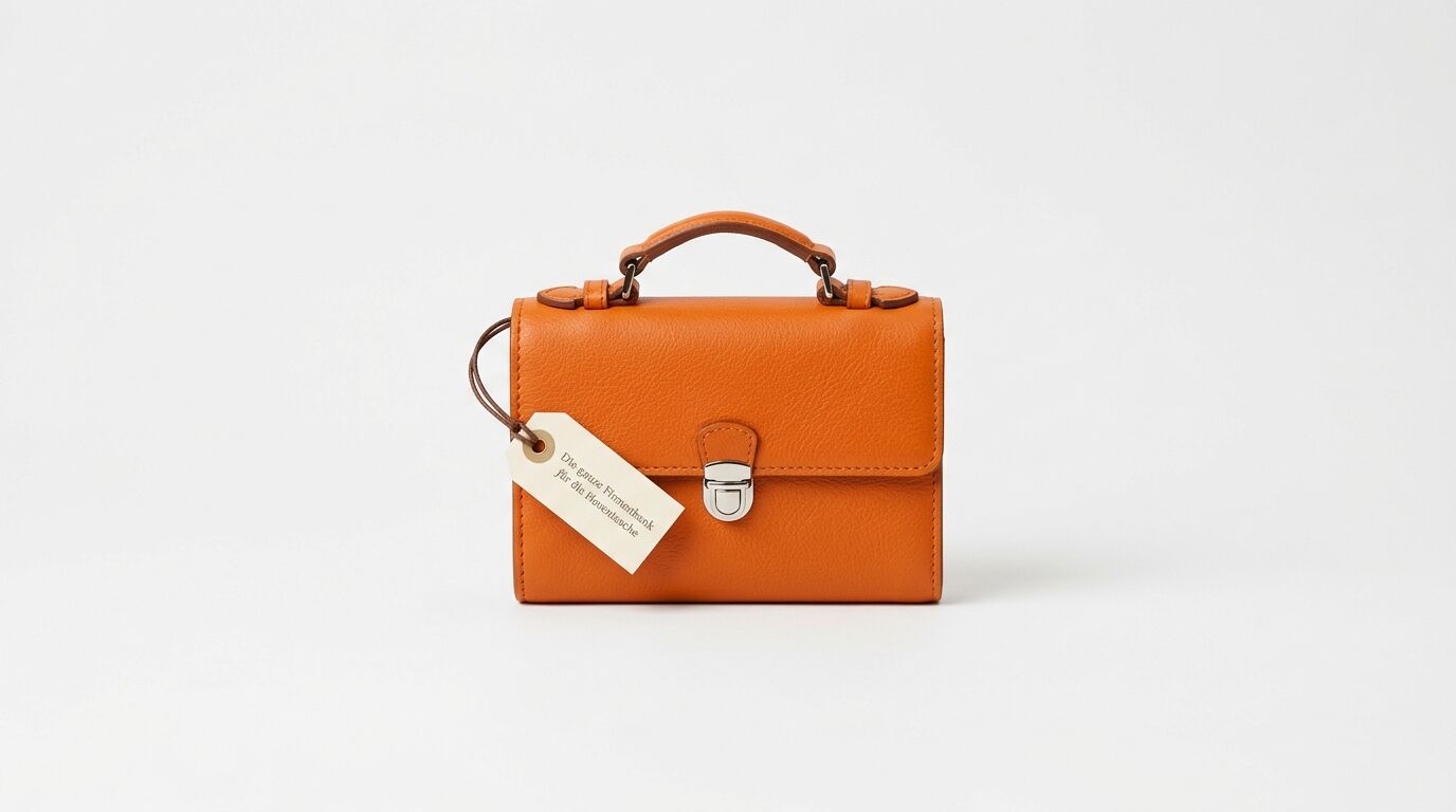 Orange Lederhandtasche mit Griff, Druckknopf-Verschluss und angehängtem Etikett auf hellem Hintergrund