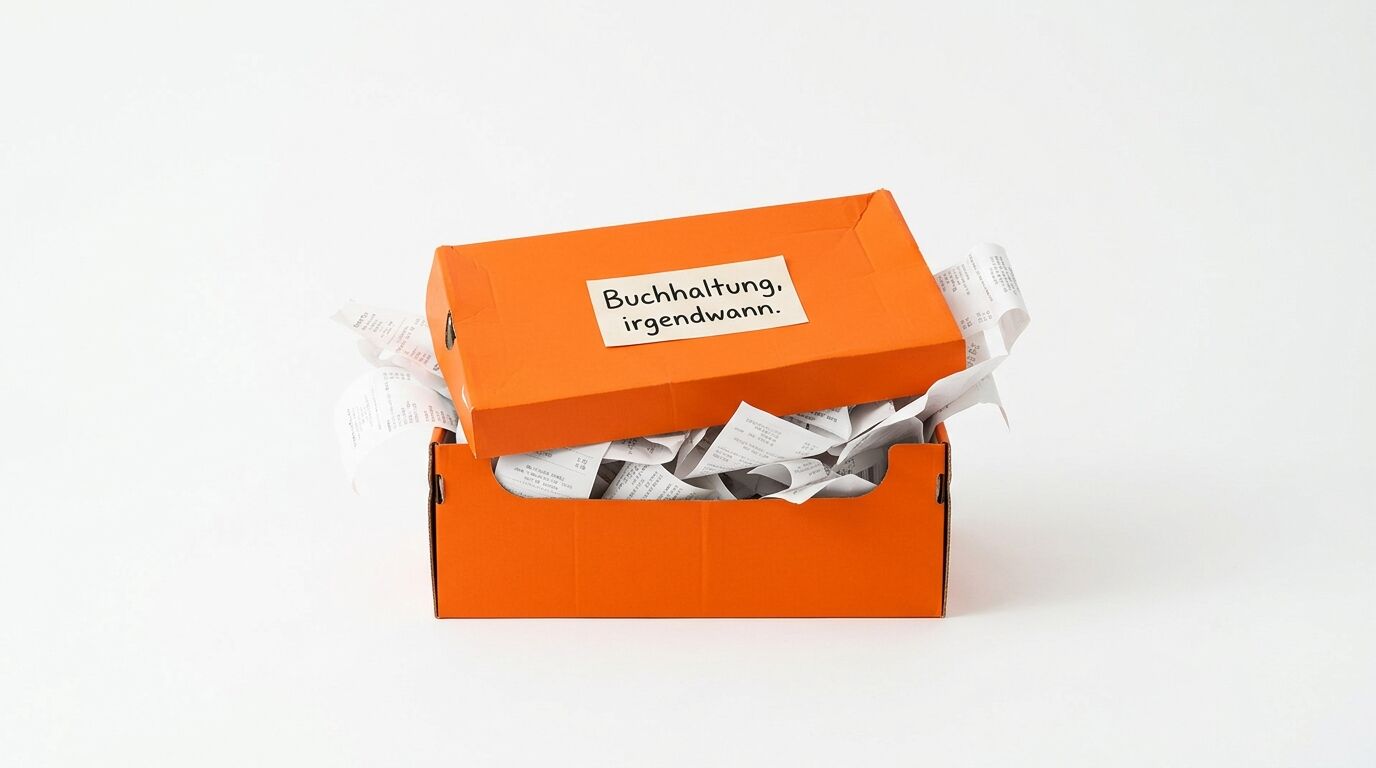 Orangene Kartonbox gefüllt mit Belegen und Quittungen. Aufschrift "Buchhaltung, irgendwann" auf dem Deckel