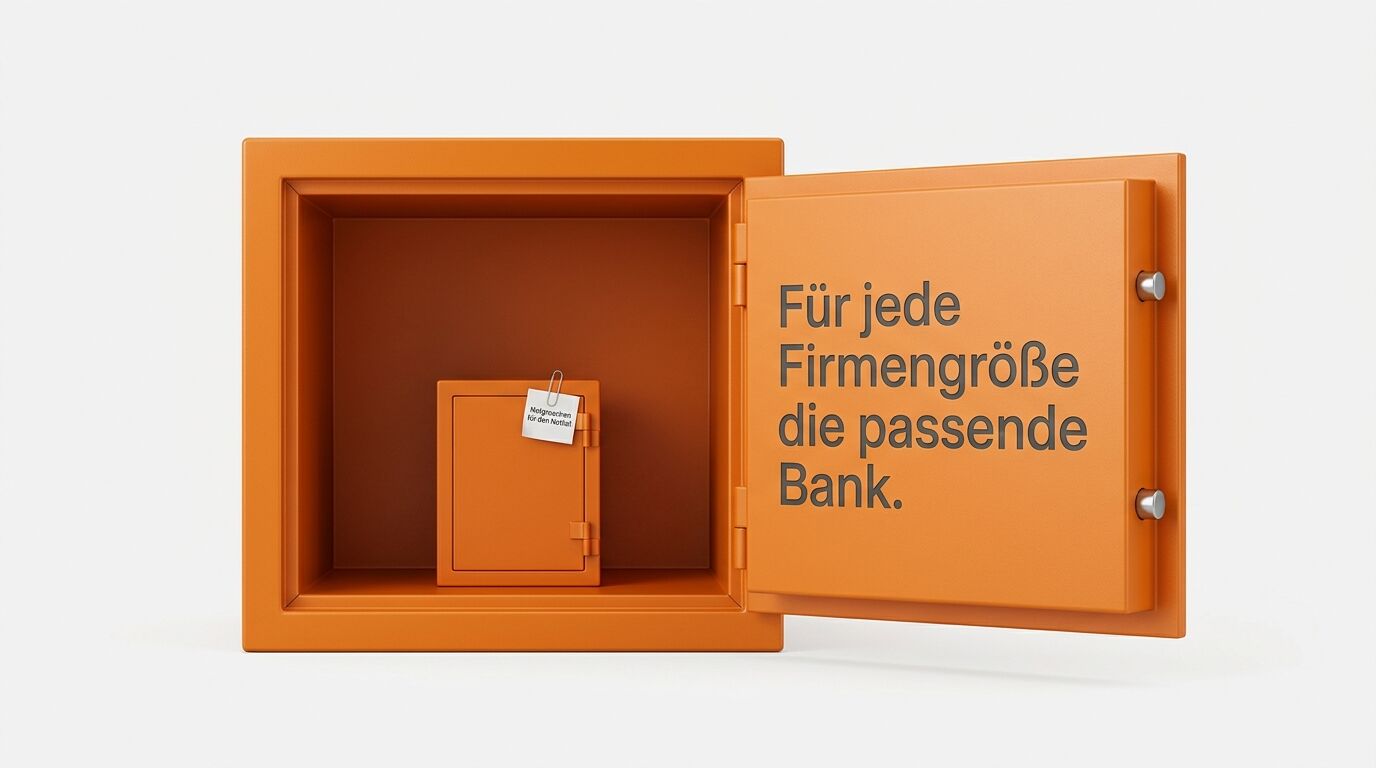 Ein orangefarbener Tresor steht offen. Auf der Innenseite der Tür steht in grauer Schrift "Für jede Firmengröße die passende Bank"