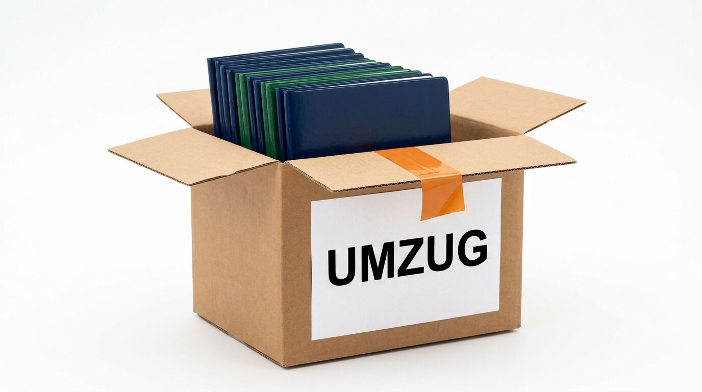 Offener Karton mit "UMZUG"-Etikett, gefüllt mit gestapelten Ordnern in Blau- und Grüntönen