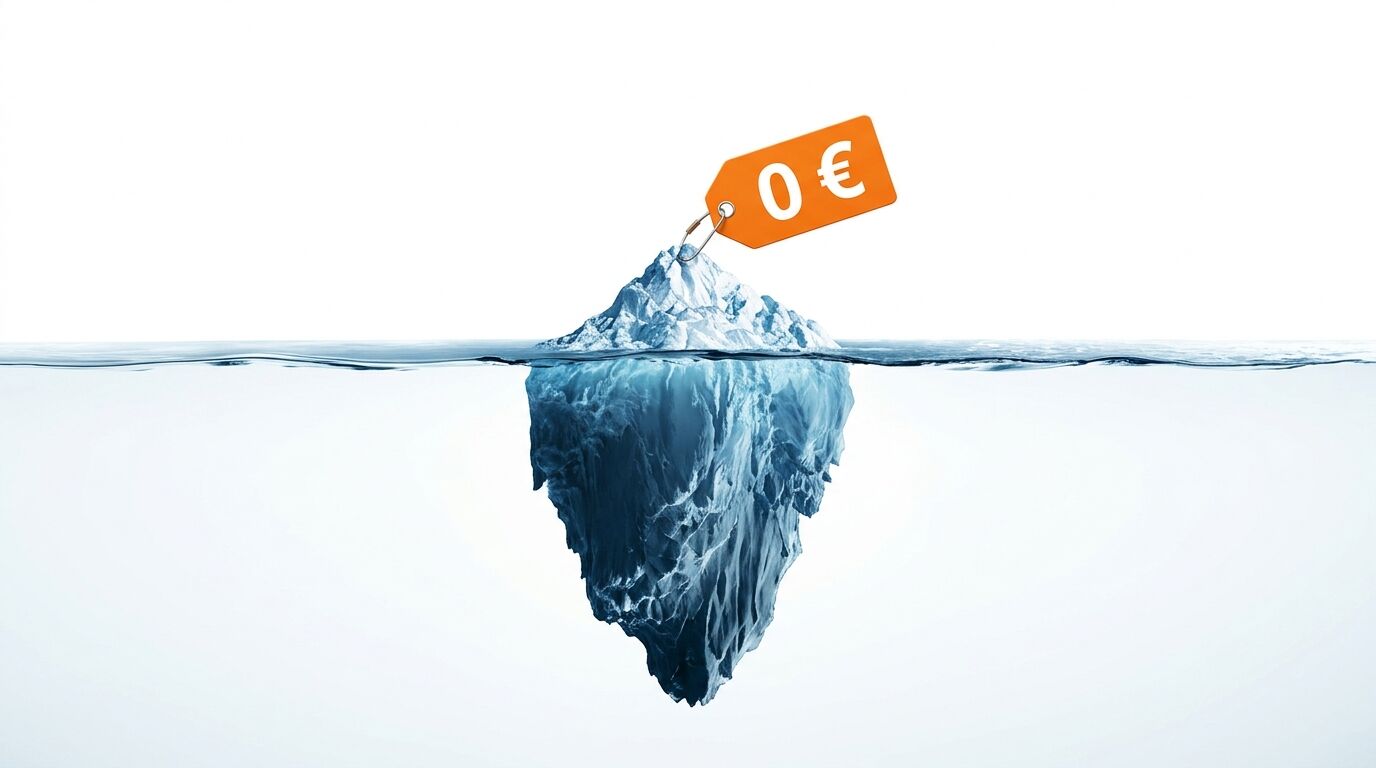 Eisberg zur Hälfte unter Wasser mit orange Preisschild "0 €" oben, symbolisiert versteckte Kosten