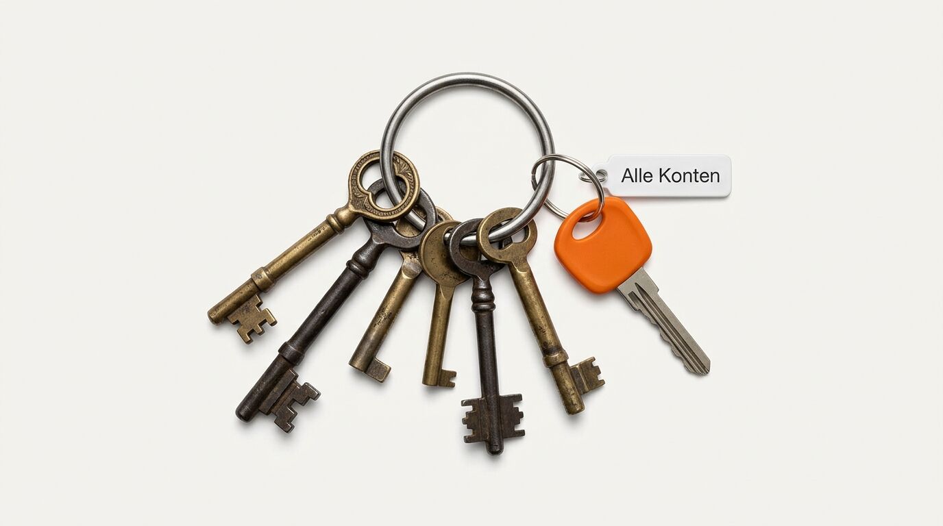 Schlüsselbund mit antiken Messing- und Stahlschlüsseln sowie einem modernen orange-silbernen Schlüssel mit Etikett "Alle Konten"