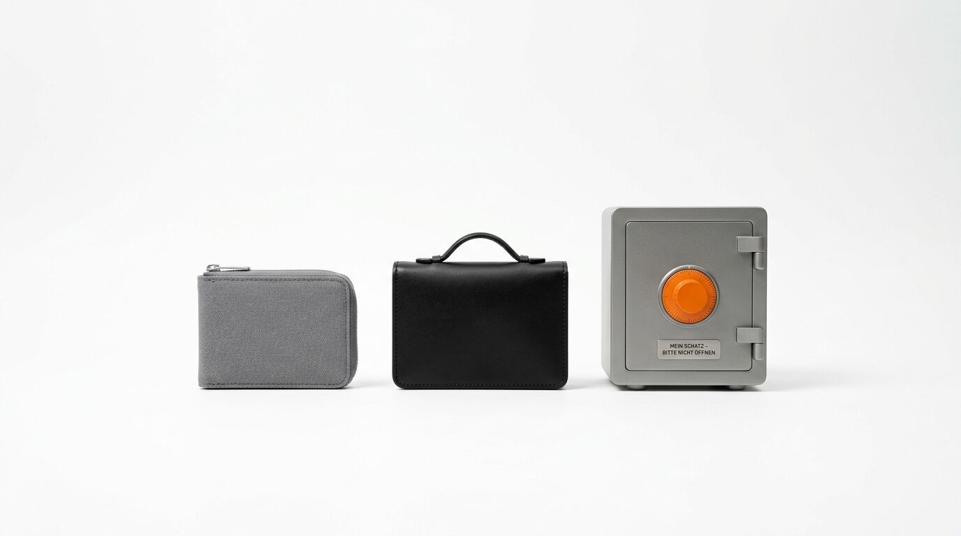 Drei Objekte nebeneinander: graues Portemonnaie, schwarze Handtasche mit Griff, grauer Safe mit orangem Drehknopf