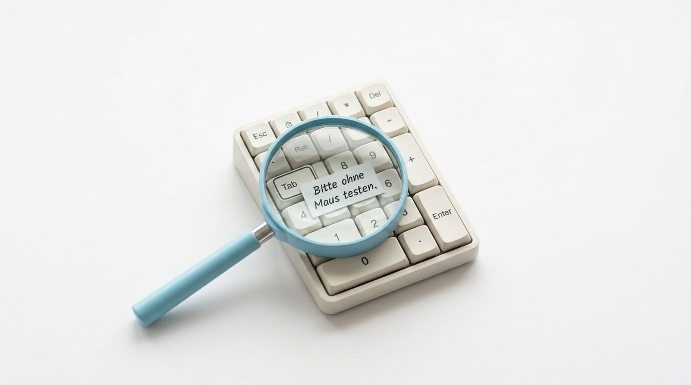 Lupe über Tastatur mit deutscher Aufschrift "Bitte ohne Maus testen. 6" auf weißem Hintergrund