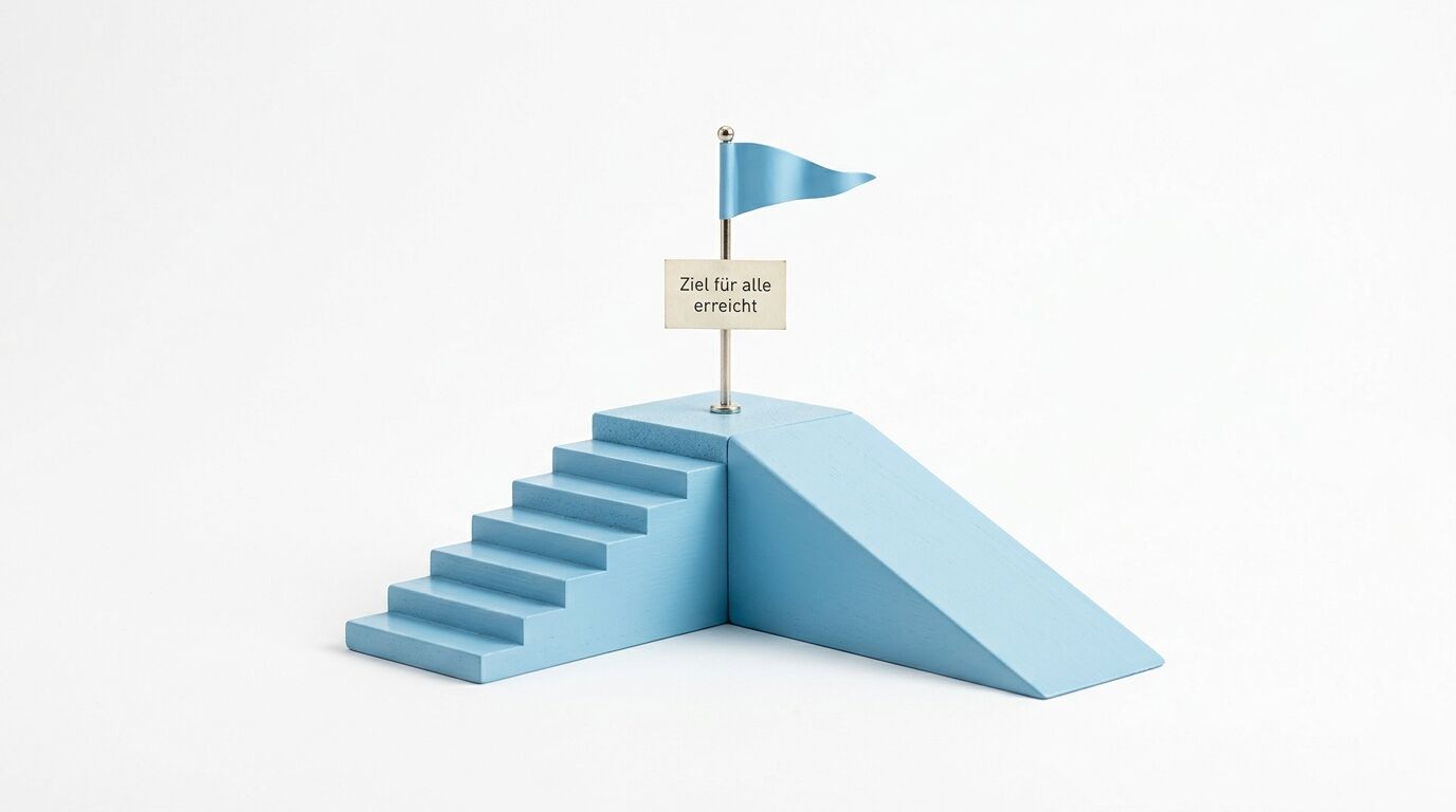 Blaue Treppe mit Flagge und Schild "Ziel für alle erreicht" auf weißem Hintergrund