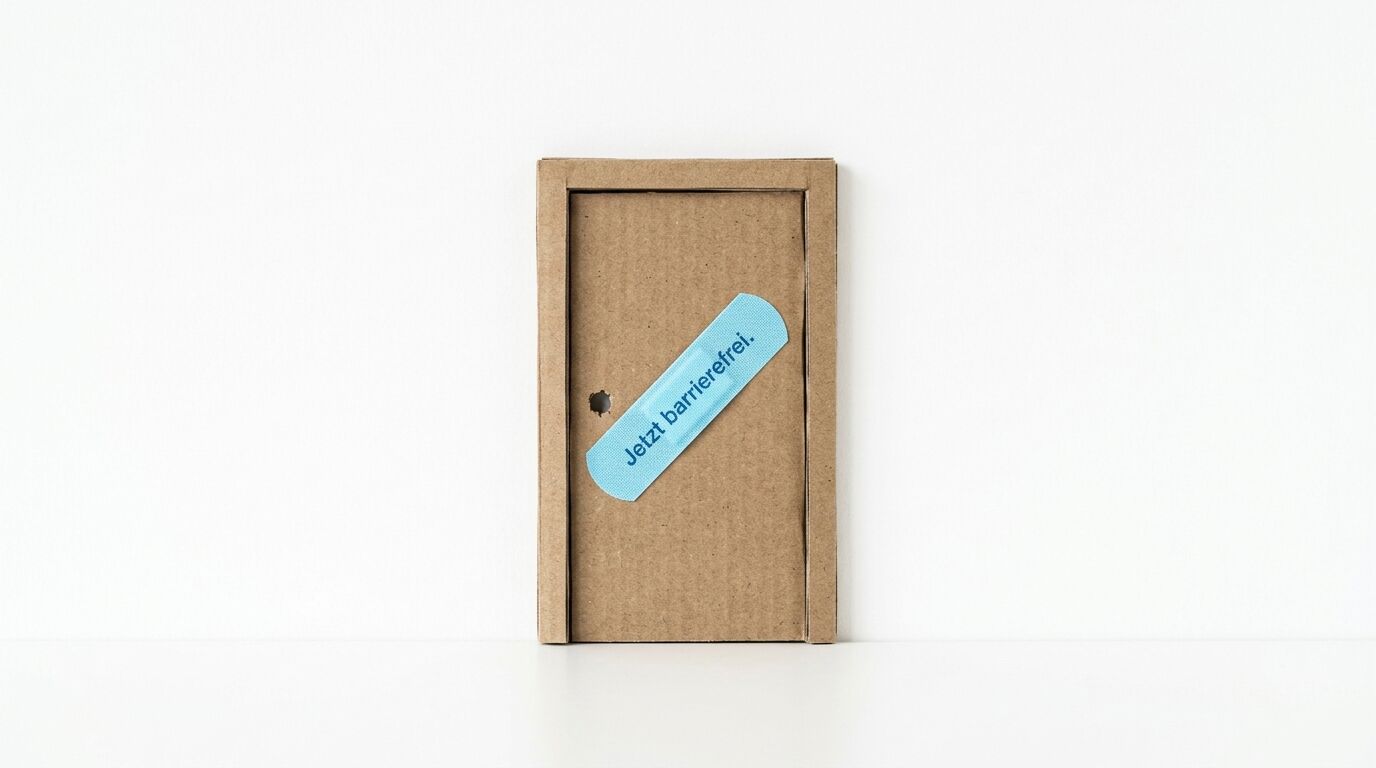 Cardboard box with blue band-aid sticker labeled "Jetzt barrieresfrei" on kraft paper background
