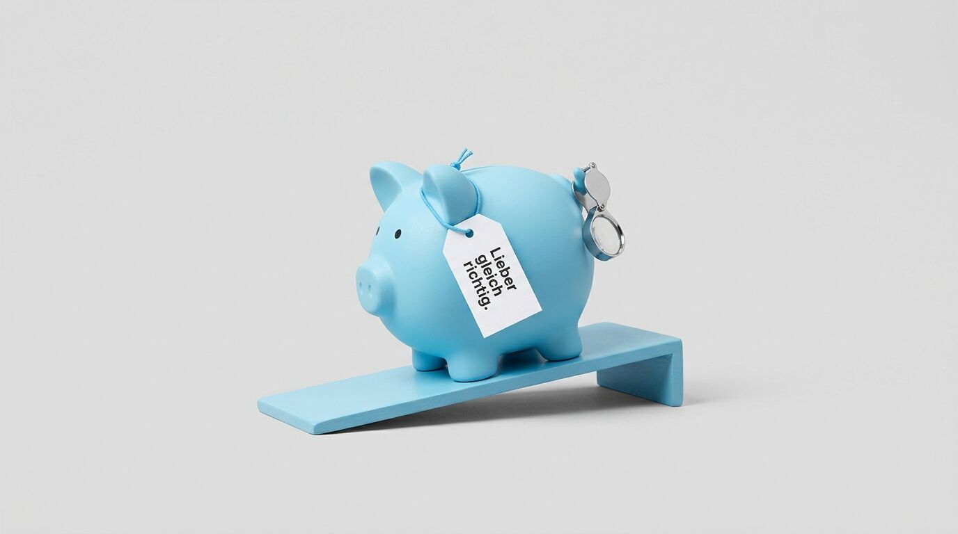 Hellblues Sparschwein auf blauem Podest mit Preisschild und Brille, vor grauem Hintergrund