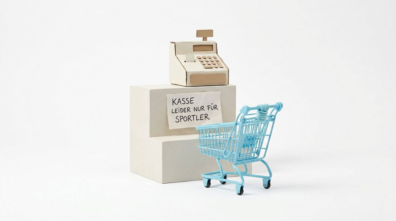 Kassenstand mit Schild "Kasse leider nur für Sportler" und blauem Einkaufswagen davor