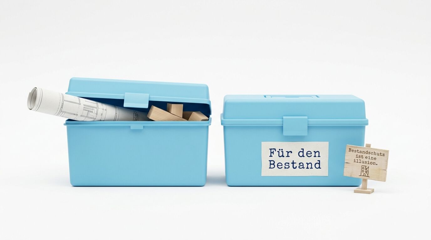 Zwei hellblaue Kunststoffboxen: Die linke enthält Baupläne und Holzblöcke, die rechte trägt ein Schild "Für den Bestand" mit einem Stempel