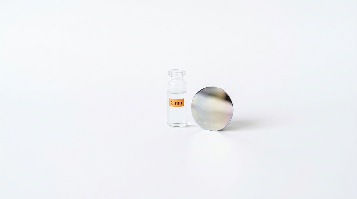 Glasfläschchen mit „2 nm“ Etikett und eine spiegelnde Wafer-Scheibe auf weißem Hintergrund