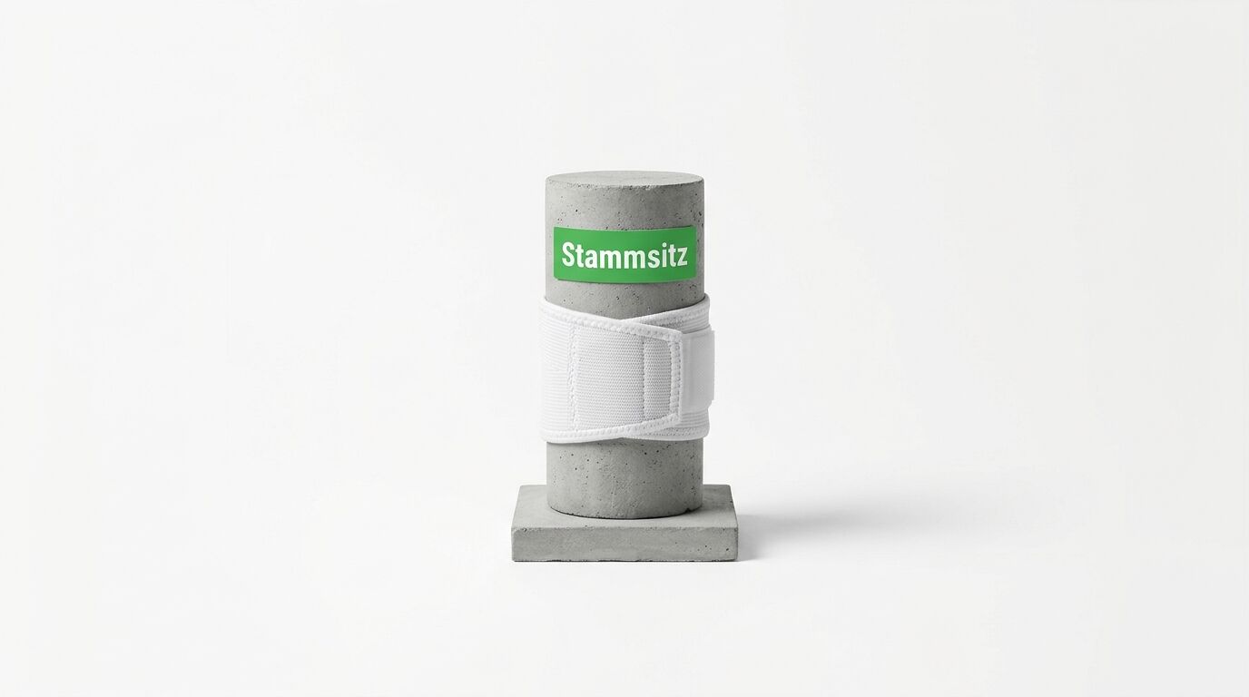 Betonzylinder auf Sockel mit Verband und grünem Schild „Stammsitz“ auf weißem Grund