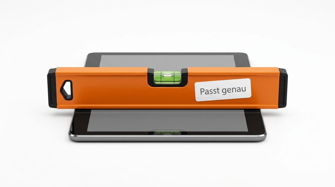 Orange Wasserwaage mit Luftblase liegt auf einem Smartphone. Aufkleber zeigt "Passt genau"
