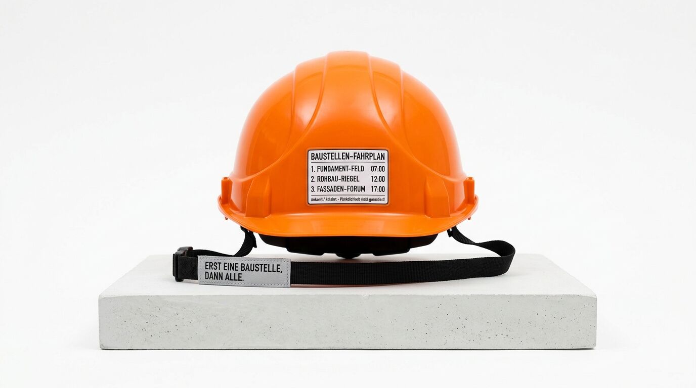 Oranger Schutzhelm auf grauem Betonsockel mit Baustellen-Fahrplan und Riemen mit deutscher Aufschrift