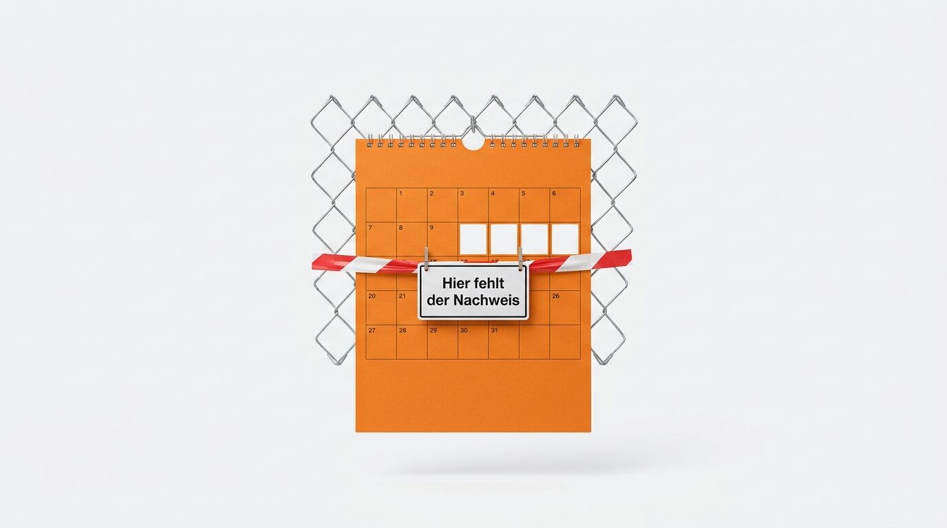 Orangener Adventskalender mit nummerierten Feldern und Drahtgitter-Rahmen. Ein Schild zeigt: "Hier fehlt der Nachweis"