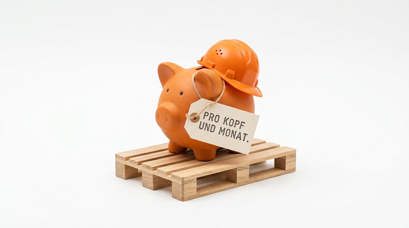 Orangenes Sparschwein mit Bauhelm auf Holzpalette, Schild "PRO KOPF UND MONAT"