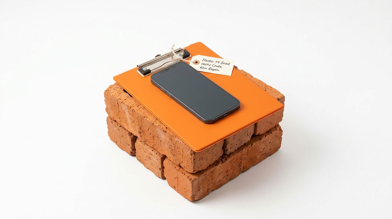 Ein Smartphone auf einer orange Klemmbrett liegt auf gestapelten roten Ziegeln mit einem beschrifteten Etikett