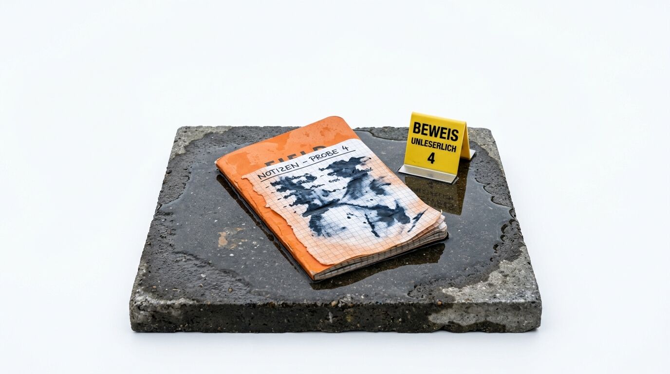 Auf einer Betonplatte liegen ein oranges Notizbuch mit blauem Muster und eine gelbe Beweistafel mit der Nummer 4