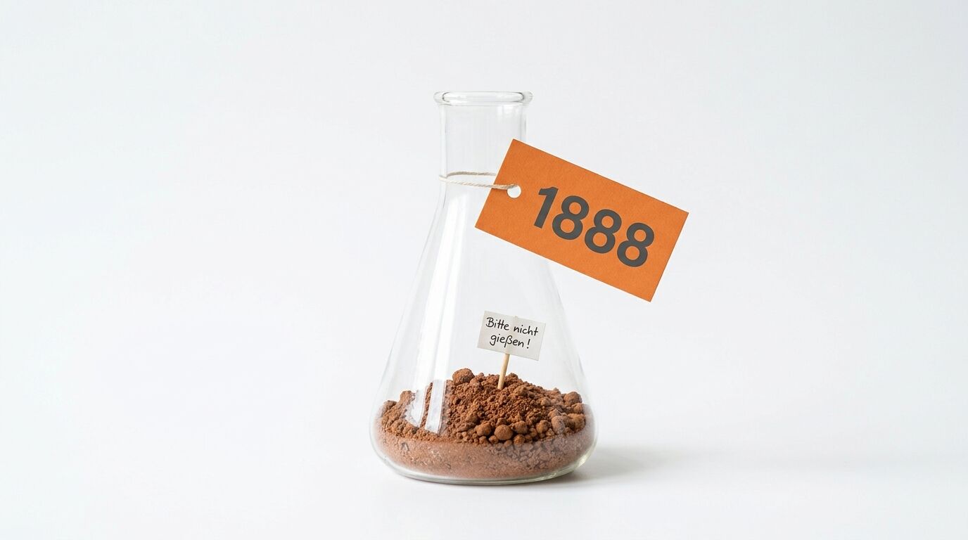 Glas-Erlenmeyerkolben gefüllt mit Erde und Tonkugeln, einem oranges Etikett 1888 und „Bitte nicht gießen!“-Schild