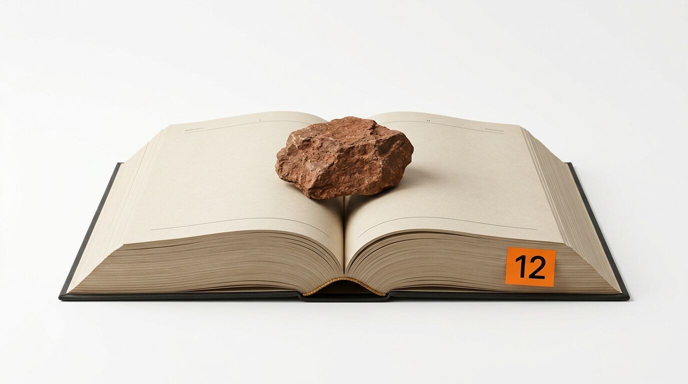 Geöffnetes Buch mit Stein und orangefarbenem Reiter (Nr. 12) vor weißem Hintergrund