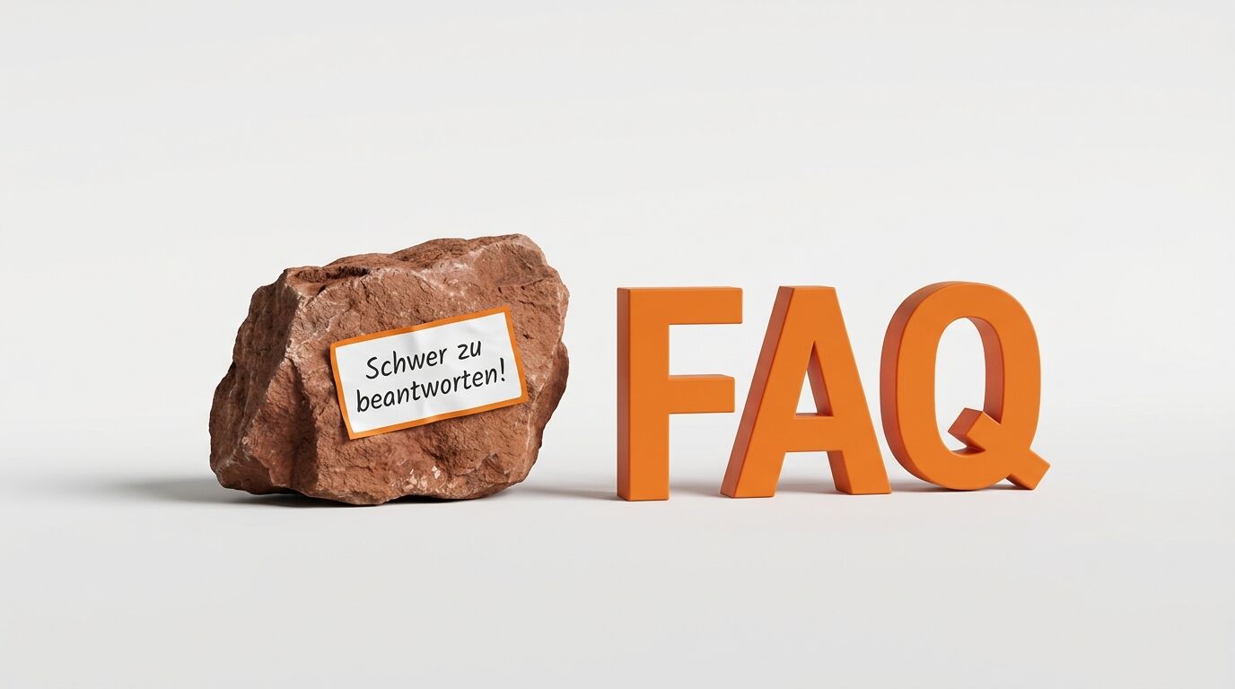 Ein brauner Stein mit einem Schild „Schwer zu beantworten!“ und orangefarbene Buchstaben FAQ