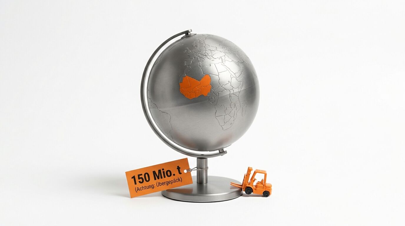 Silberner Globus mit markiertem Afrika, orangefarbenem Anhänger und Gabelstapler-Miniatur