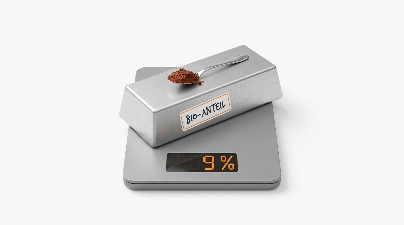 Metallbarren und Kaffeelöffel auf einer Digitalwaage mit 9 % Anzeige