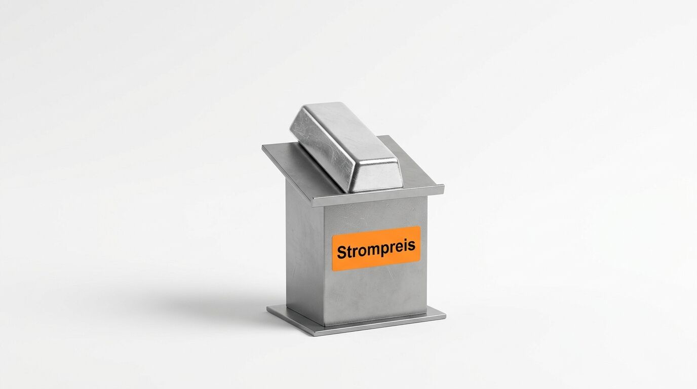 Silberbarren auf Rednerpult mit orangefarbenem Schild „Strompreis“