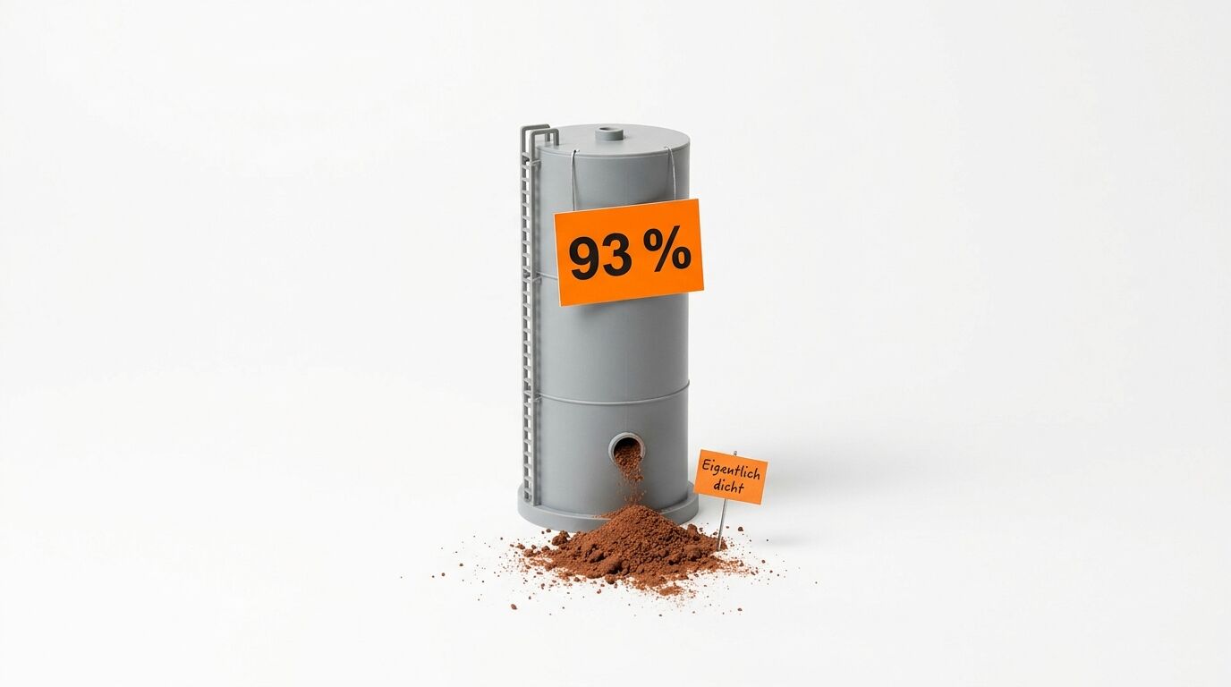 Modellsilo mit „93%“-Schild, auslaufendem Pulver und „Eigentlich dicht“-Fähnchen